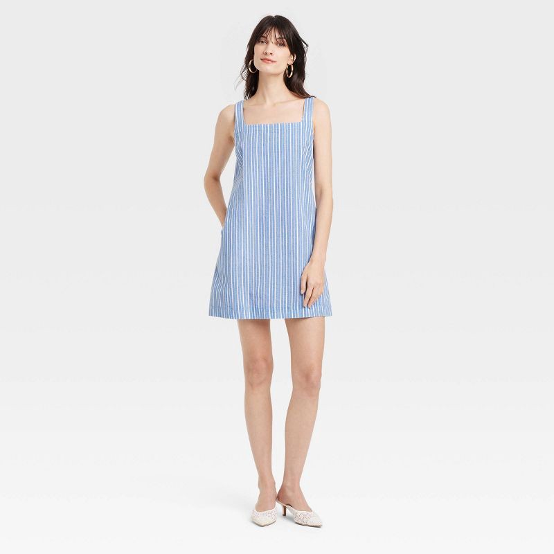 slide 1 of 3, Women's Tank Mini Shift Dress - A New Day™ Blue/White Striped S: Cotton Linen Blend, Squareneck, Sleeveless, 1 ct