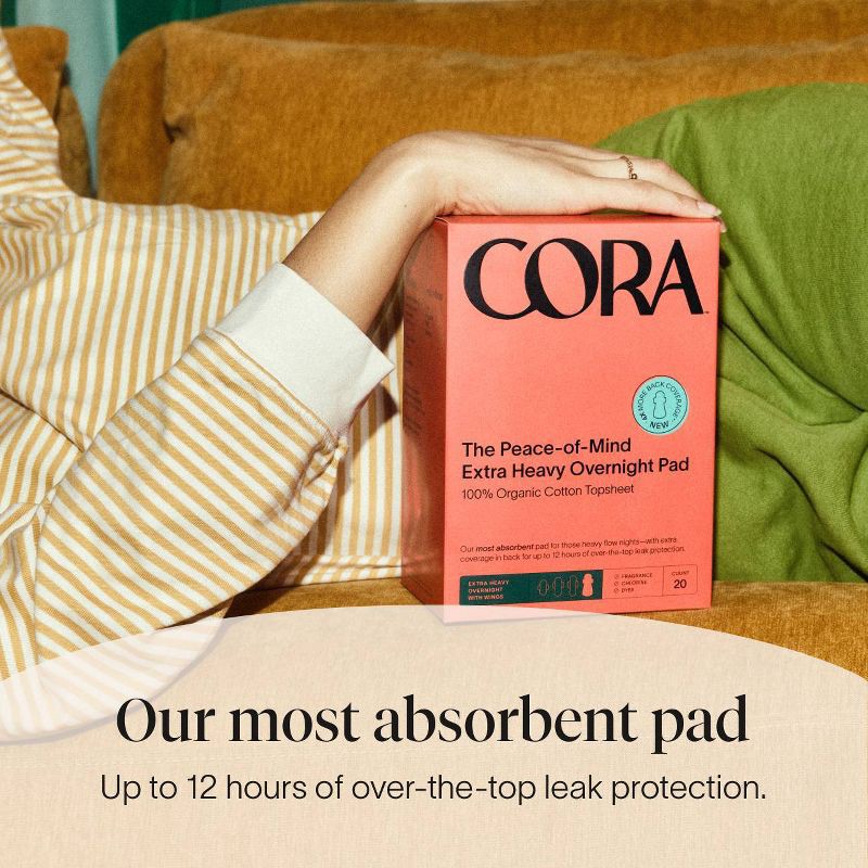 slide 5 of 8, Cora Extra Heavy Overnight Pads with Wings Organic Cotton Topsheet - Ultra Thin - 20ct, 20 ct