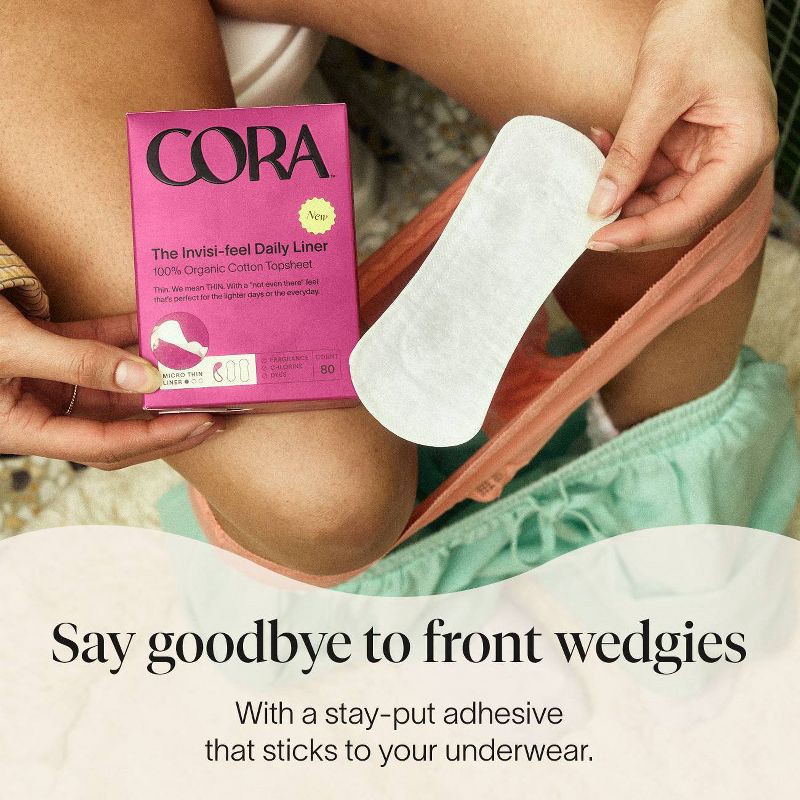 slide 5 of 8, Cora Invisi-feel Daily Panty Liner Micro Thin Organic Cotton Topsheet - 80ct, 80 ct