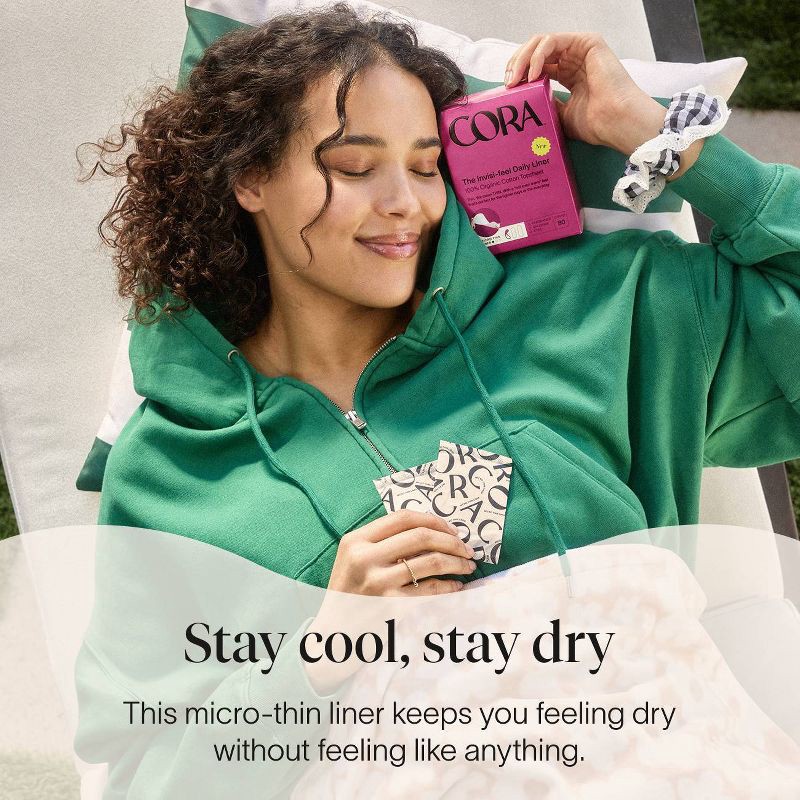 slide 6 of 8, Cora Invisi-feel Daily Panty Liner Micro Thin Organic Cotton Topsheet - 80ct, 80 ct