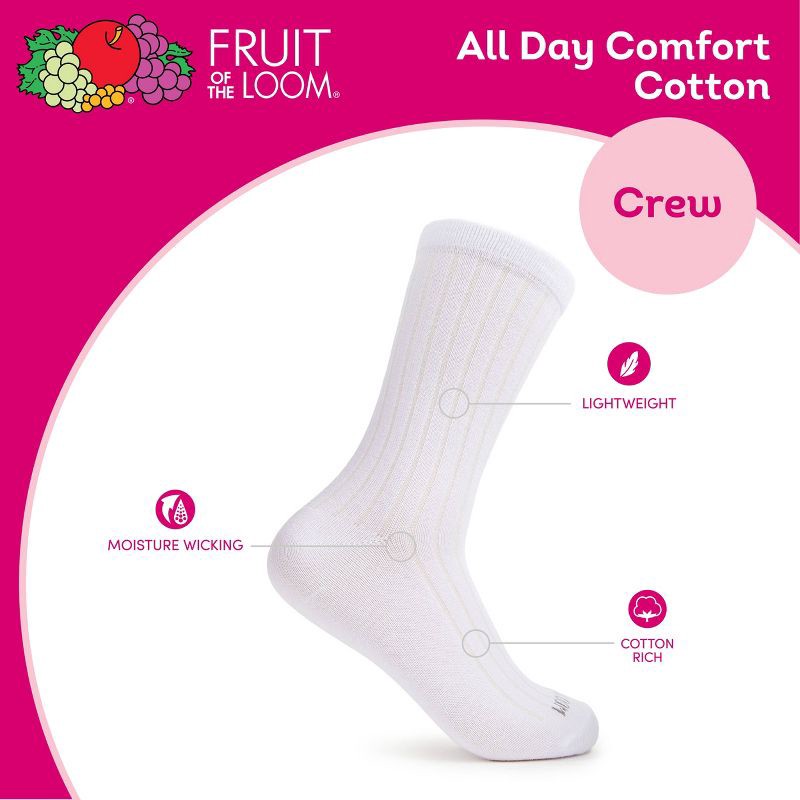 slide 6 of 11, Women's Fruit of the Loom Cotton Comfort 3pk Crew Socks - White 4-10: Midweight, Cotton Blend, Machine Washable, 3 ct