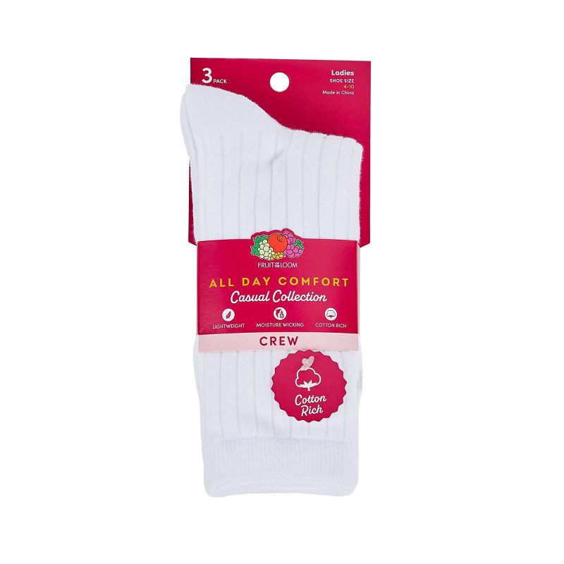 slide 7 of 11, Women's Fruit of the Loom Cotton Comfort 3pk Crew Socks - White 4-10: Midweight, Cotton Blend, Machine Washable, 3 ct