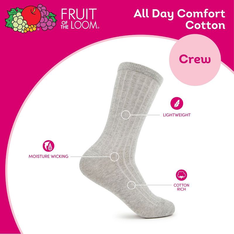 slide 7 of 8, Women's Fruit of the Loom Cotton Comfort 3pk Crew Socks - Black/Gray 4-10: Recycled Cotton, Midweight, No Cuff, 3 ct