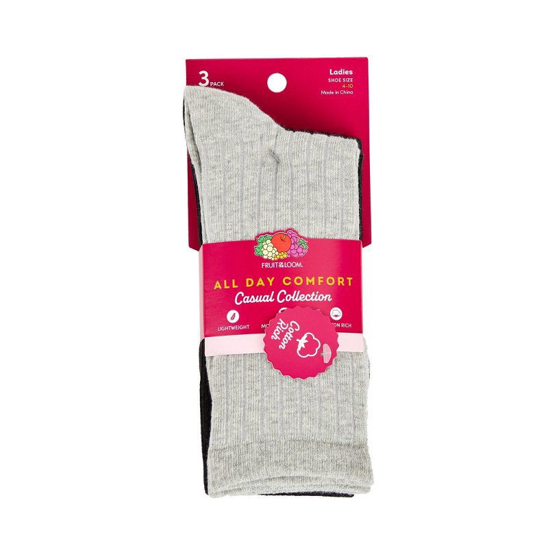 slide 8 of 8, Women's Fruit of the Loom Cotton Comfort 3pk Crew Socks - Black/Gray 4-10: Recycled Cotton, Midweight, No Cuff, 3 ct