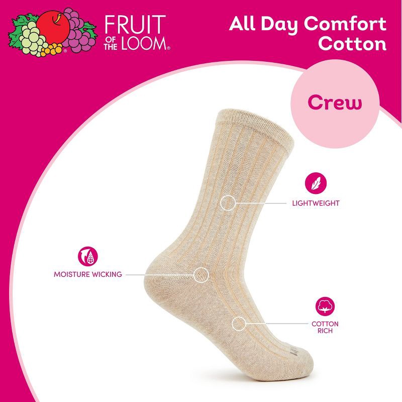 slide 7 of 8, Women's Fruit of the Loom Cotton Comfort 3pk Crew Socks - Neutral 4-10: Recycled Cotton, Midweight, Solid Pattern, 3 ct