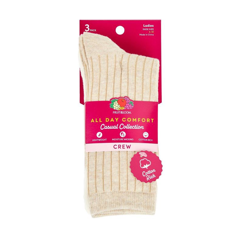 slide 8 of 8, Women's Fruit of the Loom Cotton Comfort 3pk Crew Socks - Neutral 4-10: Recycled Cotton, Midweight, Solid Pattern, 3 ct