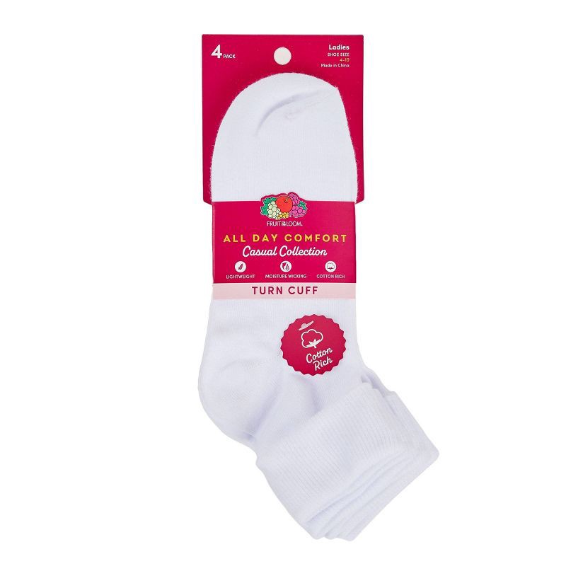 slide 7 of 10, Women's Fruit of the Loom Cotton Comfort 4pk Turn Cuff Ankle Socks - White 4-10: Midweight, Recycled, 4 ct