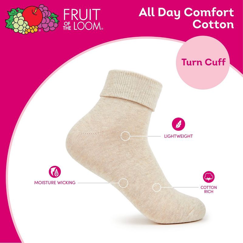 slide 6 of 13, Women's Fruit of the Loom Cotton Comfort 4pk Turn Cuff Ankle Socks - Neutral 4-10: Recycled Cotton, Midweight Fabric, 4 ct