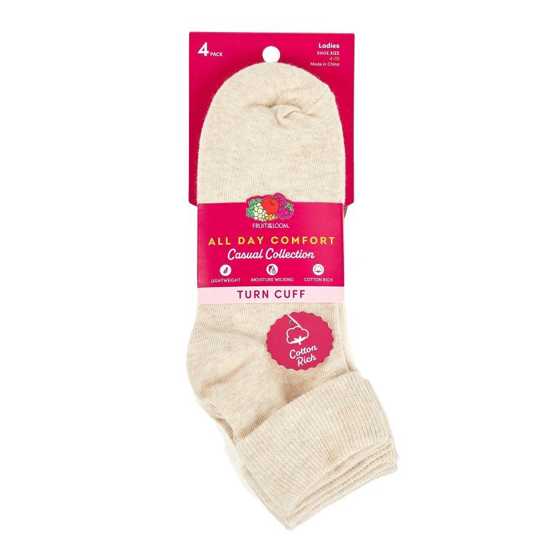 slide 7 of 13, Women's Fruit of the Loom Cotton Comfort 4pk Turn Cuff Ankle Socks - Neutral 4-10: Recycled Cotton, Midweight Fabric, 4 ct