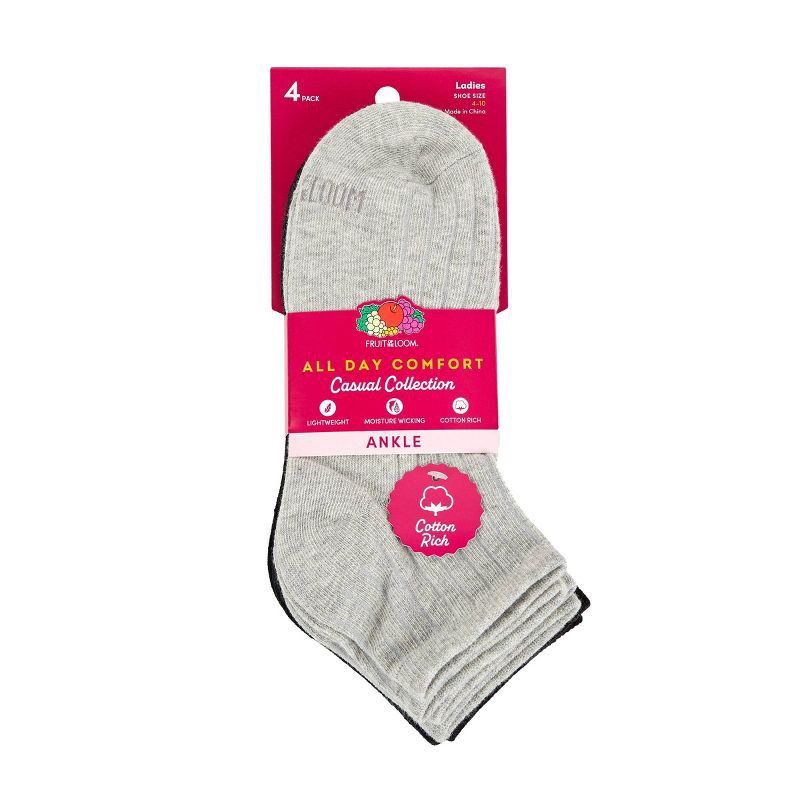slide 8 of 8, Women's Fruit of the Loom Cotton Comfort 4pk Ankle Socks - Black/Gray 4-10: Cotton Blend, Midweight, Machine Washable, 4 ct