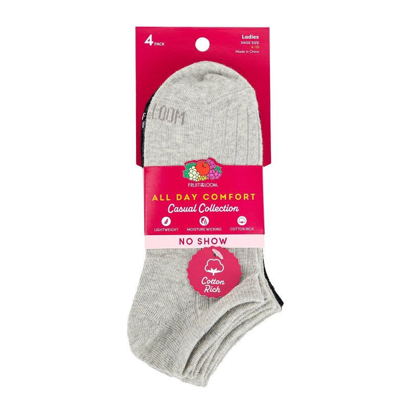 slide 7 of 7, Women's Fruit of the Loom Cotton Comfort 4pk No Show Socks - Black/Gray 4-10: Cotton Blend, Midweight, Machine Washable, 4 ct