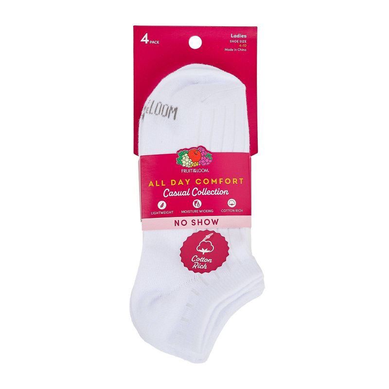 slide 6 of 6, Women's Fruit of the Loom Cotton Comfort 4pk No Show Socks - White 4-10, 4 ct