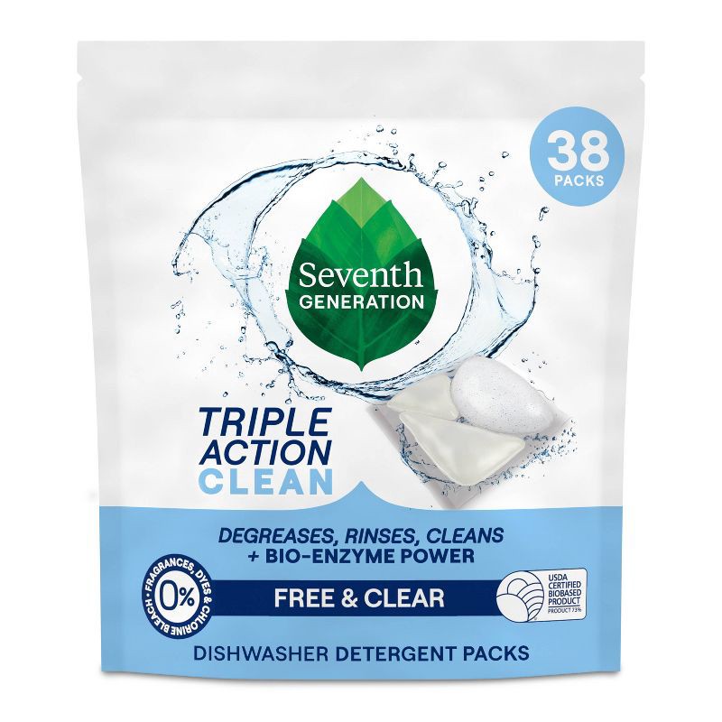slide 1 of 8, Seventh Generation Triple Action Clean Dishwasher Detergent Packets - 38ct: No Fragrance Added, Dye-Free, Bleach-Free, 38 ct