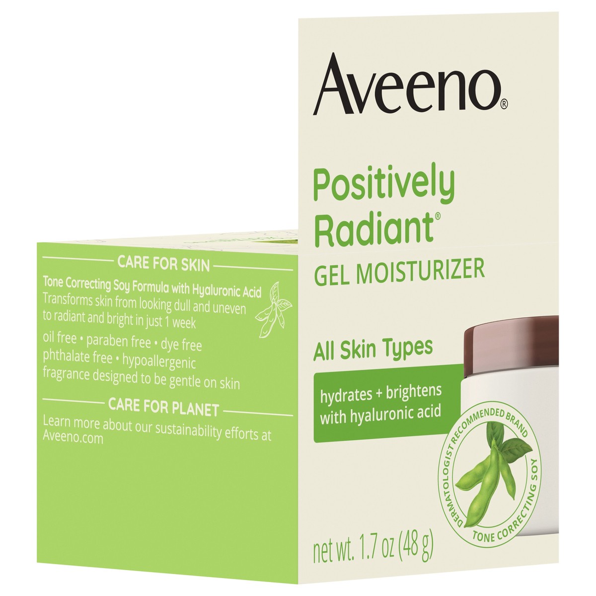 slide 6 of 8, Aveeno Positively Radiant Daily Gel Facial Moisturizer with Hyaluronic Acid & Tone-Correcting Soy, Hydrating & Brightening Gel Face Cream Evens Skin Tone & Texture, Hypoallergenic, 1.7 oz, 1.7 oz