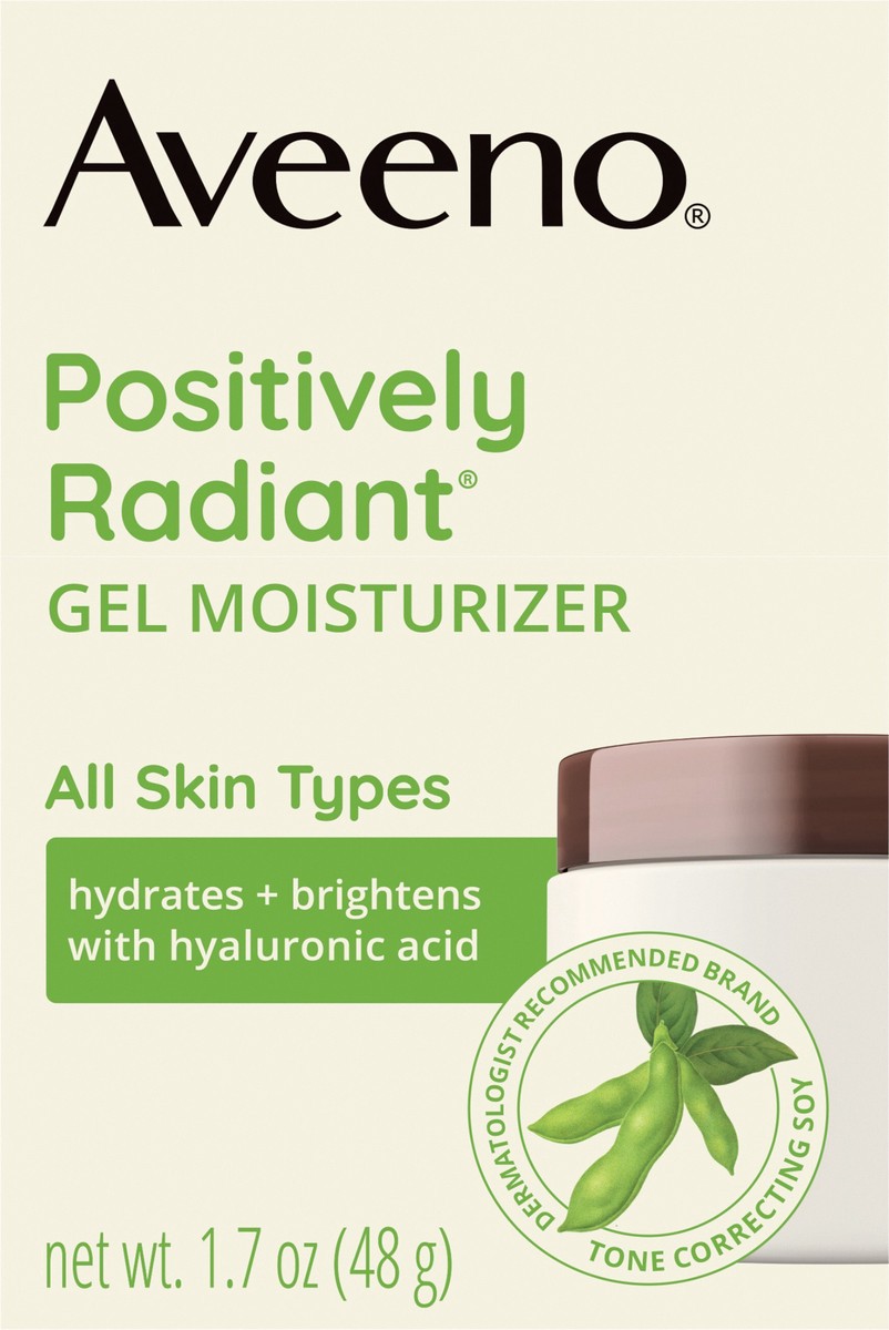 slide 8 of 8, Aveeno Positively Radiant Daily Gel Facial Moisturizer with Hyaluronic Acid & Tone-Correcting Soy, Hydrating & Brightening Gel Face Cream Evens Skin Tone & Texture, Hypoallergenic, 1.7 oz, 1.7 oz