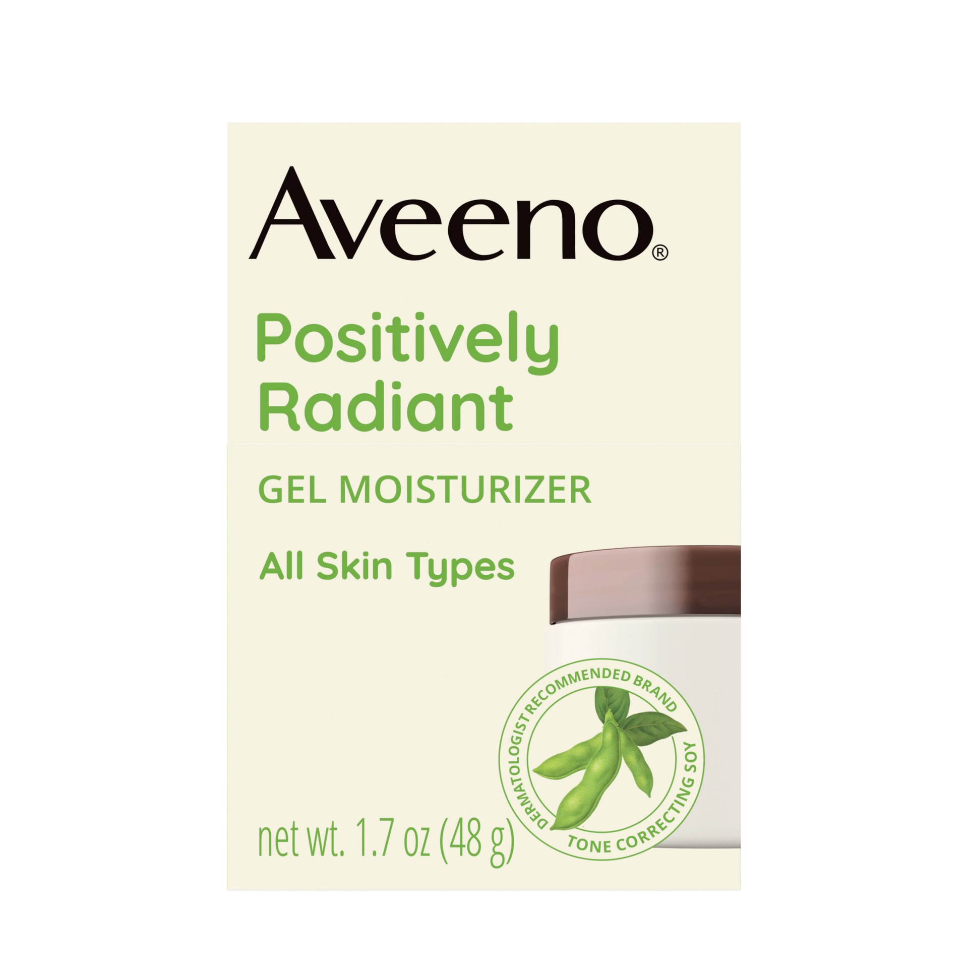 slide 1 of 8, Aveeno Positively Radiant Daily Gel Facial Moisturizer with Hyaluronic Acid & Tone-Correcting Soy, Hydrating & Brightening Gel Face Cream Evens Skin Tone & Texture, Hypoallergenic, 1.7 oz, 1.7 oz