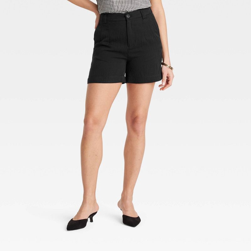 slide 1 of 3, Women's High-Rise Flat-Front Chino Shorts - A New Day™ Black 12: Lightweight Twill, Back Elastic, 5" Inseam, 1 ct