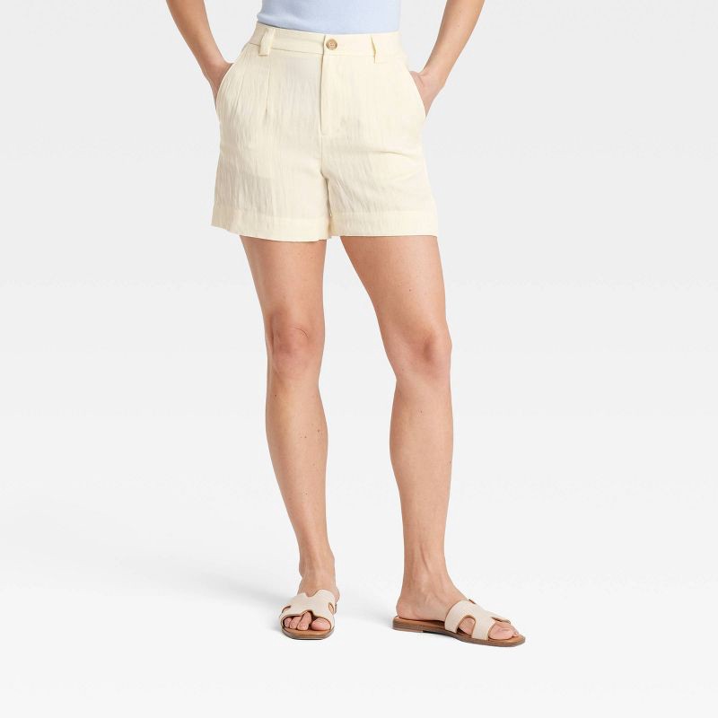 slide 1 of 3, Women's High-Rise Flat-Front Chino Shorts - A New Day™ White 14: Lightweight Twill, Regular Fit, 5" Inseam, Fly Button Closure, 1 ct