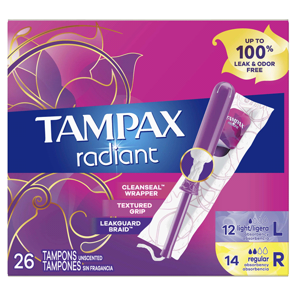 slide 1 of 1, Tampax Radiant Tampons Duo Pack Light/Regular Absorbency With Bpa-Free Plastic Applicator And Leakguard Braid Unscented, 26 ct