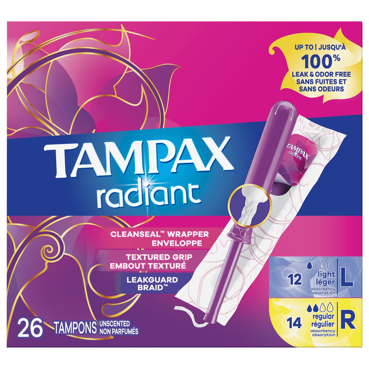 slide 1 of 3, Tampax Radiant Tampons Duo Pack with LeakGuard Braid, Light/Regular Absorbency, Unscented, 26 Count, 26 ct
