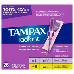 Tampax Radiant Tampons Multipack, with LeakGuard Braid, Light/Regular Absorbency, Unscented, 26 Count