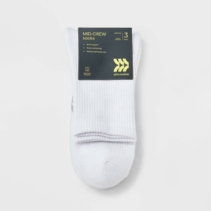 slide 2 of 3, Men's 3pk Quarter Crew Socks - All In Motion™ White 6-12: Cushioned Heel, Flat Seams, Midweight Knit, 3 ct
