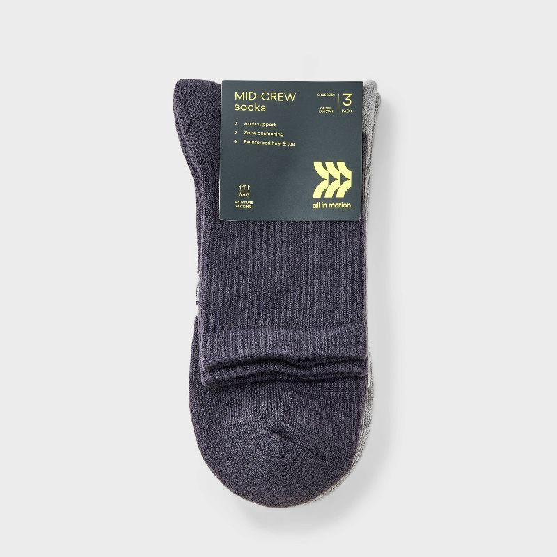 slide 2 of 3, Men's 3pk Quarter Crew Socks - All In Motion™ Gray 6-12: Recycled Polyester, Cushioned Heel & Toe, 3 ct