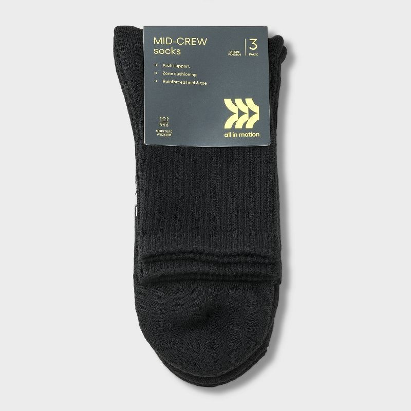 slide 2 of 3, Men's 3pk Quarter Crew Socks - All In Motion™ Black 6-12: Recycled Polyester, Cushioned Heel & Toe, 3 ct
