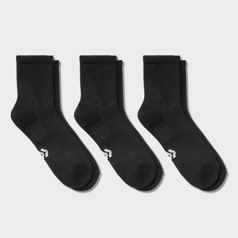 slide 1 of 3, Men's 3pk Quarter Crew Socks - All In Motion™ Black 6-12: Recycled Polyester, Cushioned Heel & Toe, 3 ct