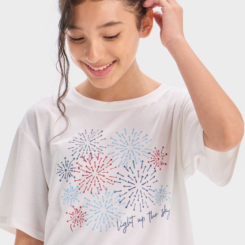 slide 2 of 4, Girls' Short Sleeve 4th of July Fireworks T-Shirt - All In Motion™ White M, 1 ct