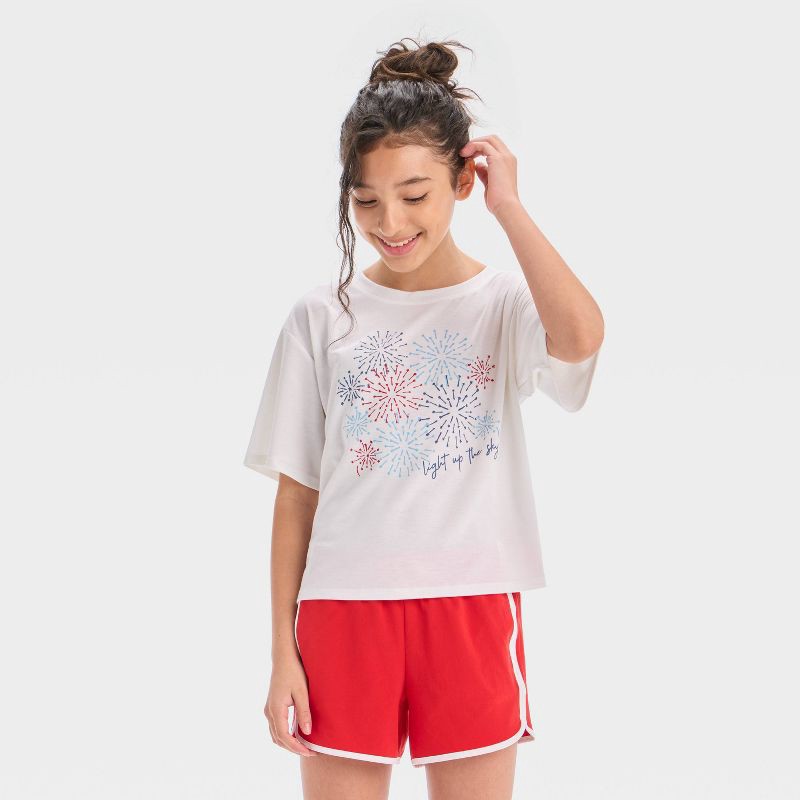 slide 1 of 4, Girls' Short Sleeve 4th of July Fireworks T-Shirt - All In Motion™ White M, 1 ct