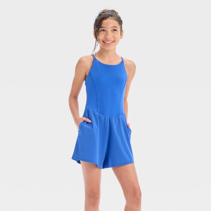 slide 1 of 3, Girls' Knit Active Romper - All In Motion™ Royal Blue XL, 1 ct