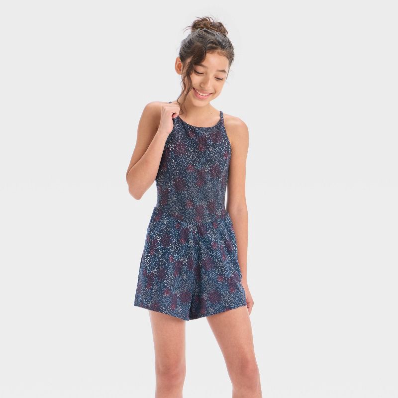 slide 1 of 3, Girls' Knit 4th of July Active Romper - All In Motion™ Navy Blue Fireworks XL, 1 ct