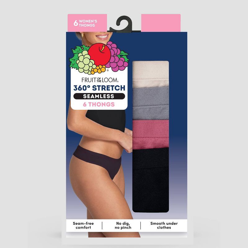 slide 5 of 5, Fruit of the Loom Women's 6pk Seamless Thong - 5: Mid Rise, Tagless, 4-Way Stretch, Full Waistband Elastic, Machine Washable, 6 ct