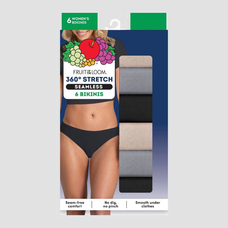 slide 5 of 5, Fruit of the Loom Women's 6pk Seamless Bikini Underwear - 9: Mid Rise, Tagless, Stretch Knit Fabric, 6 ct