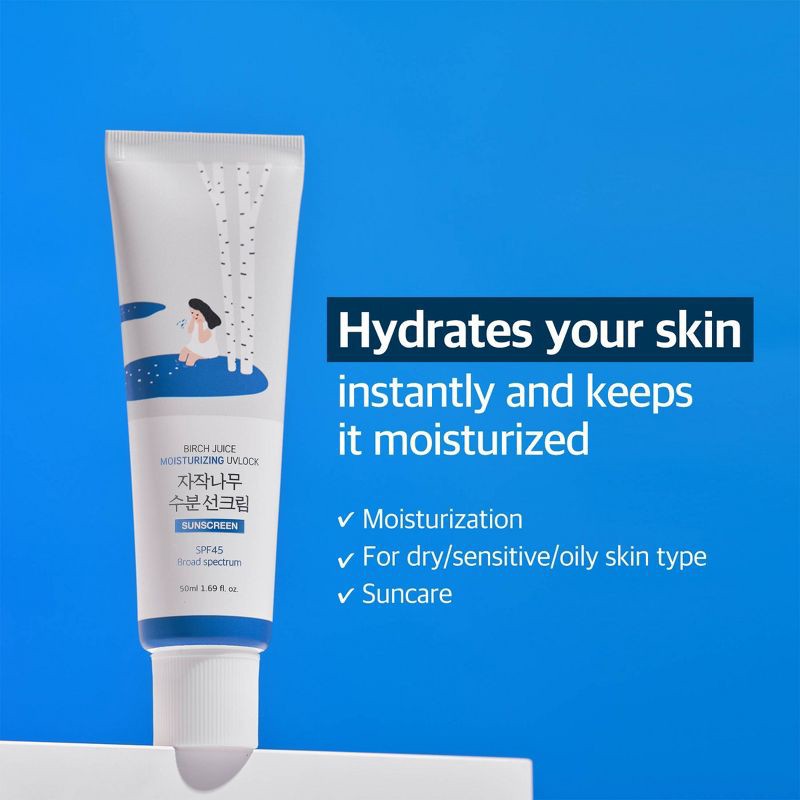slide 3 of 9, Round Lab Birch Juice Moisturizing UV Lock Korean Sunscreen with No White Cast, Moisturizing, Reef Safe, UVA & UVB Protection - SPF 45 - 50ml, 45 x 50 ml