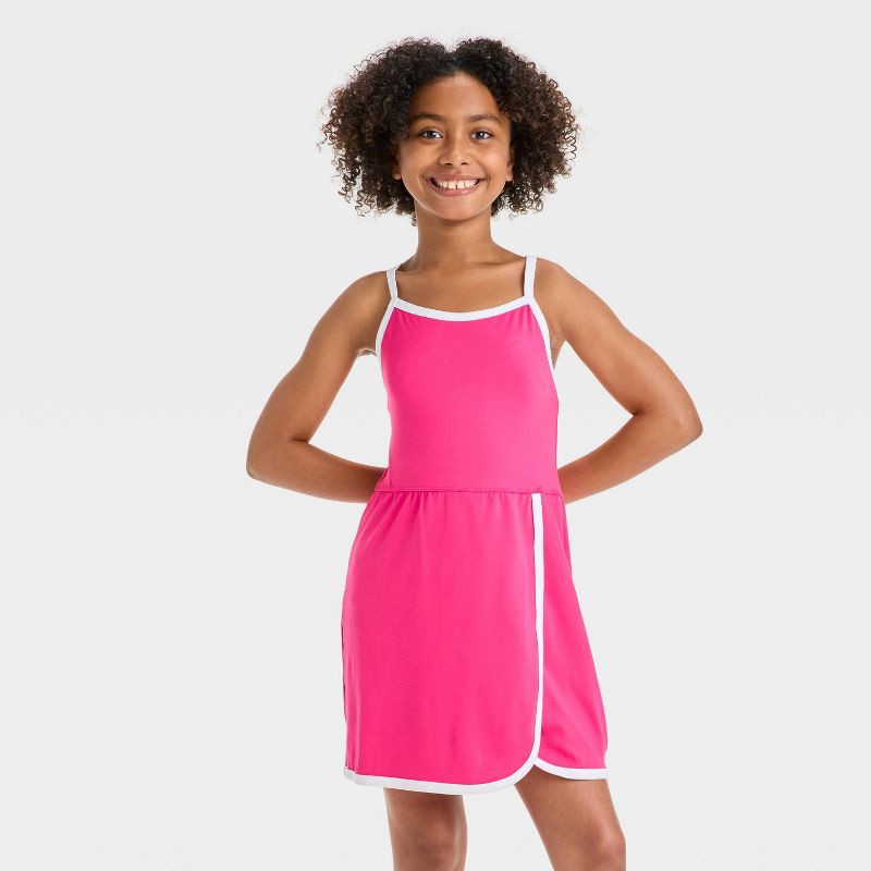 slide 1 of 3, Girls' Knit Contrast Trim Dress - All In Motion™ Berry Pink XL, 1 ct