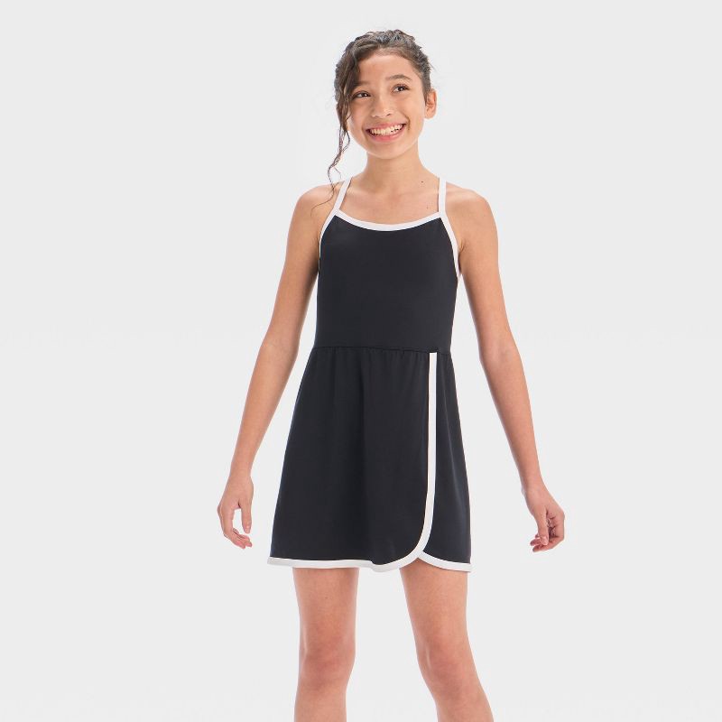 slide 1 of 3, Girls' Knit Contrast Trim Dress - All In Motion™ Black XS, 1 ct