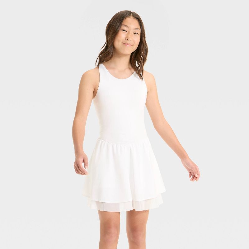 slide 1 of 3, Girls' Knit Double Layer Dress - All In Motion™ White S, 1 ct