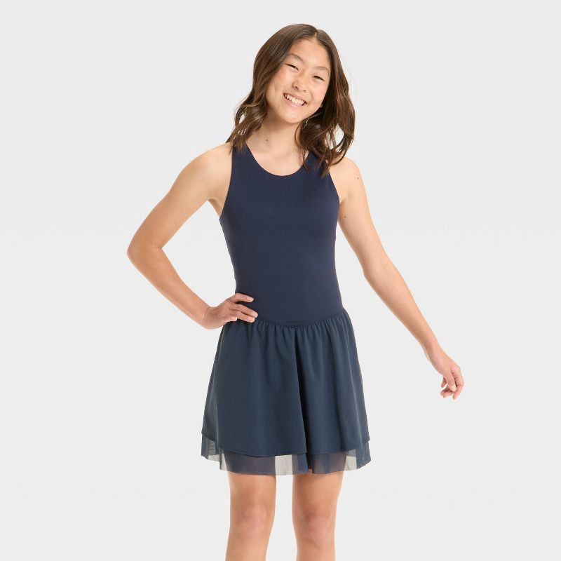 slide 1 of 3, Girls' Knit Double Layer Dress - All In Motion™ Navy Blue XS, 1 ct