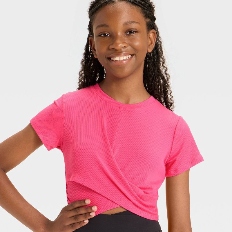 slide 2 of 3, Girls' Soft Ribbed T-Shirt - All In Motion™ Berry Pink XL, 1 ct