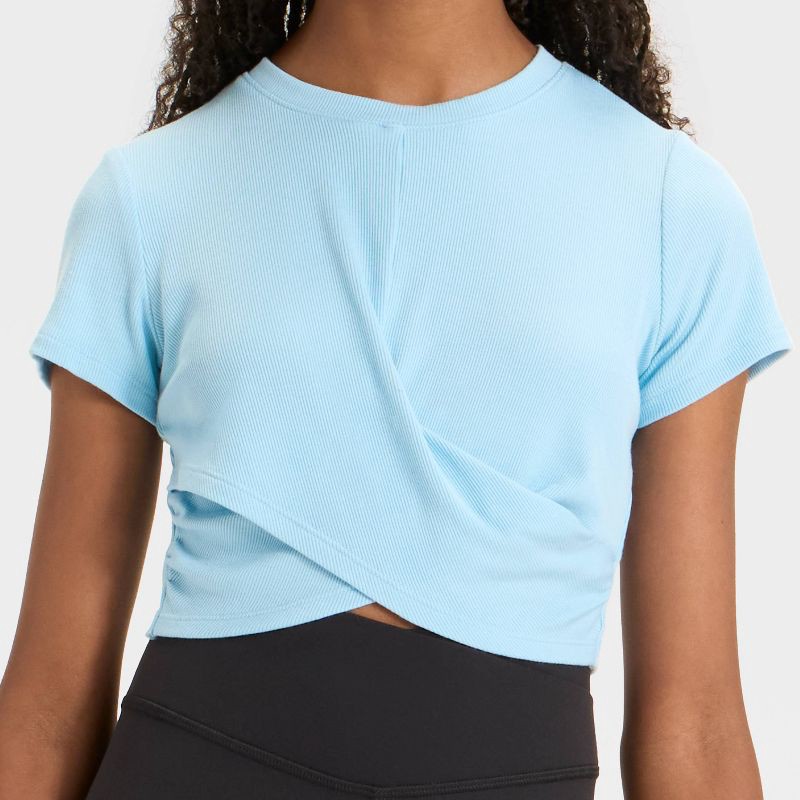 slide 3 of 3, Girls' Soft Ribbed T-Shirt - All In Motion™ Light Blue M, 1 ct