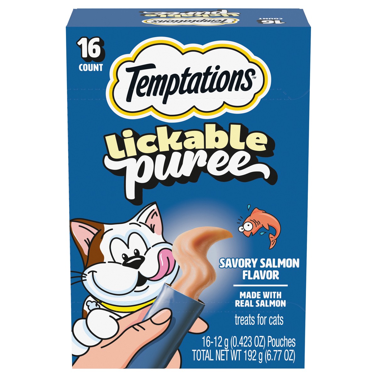 slide 1 of 13, Temptations Lickable Puree Savory Salmon Flavor Treats for Cats 16 - 0.423 oz Pouches, 16 ct