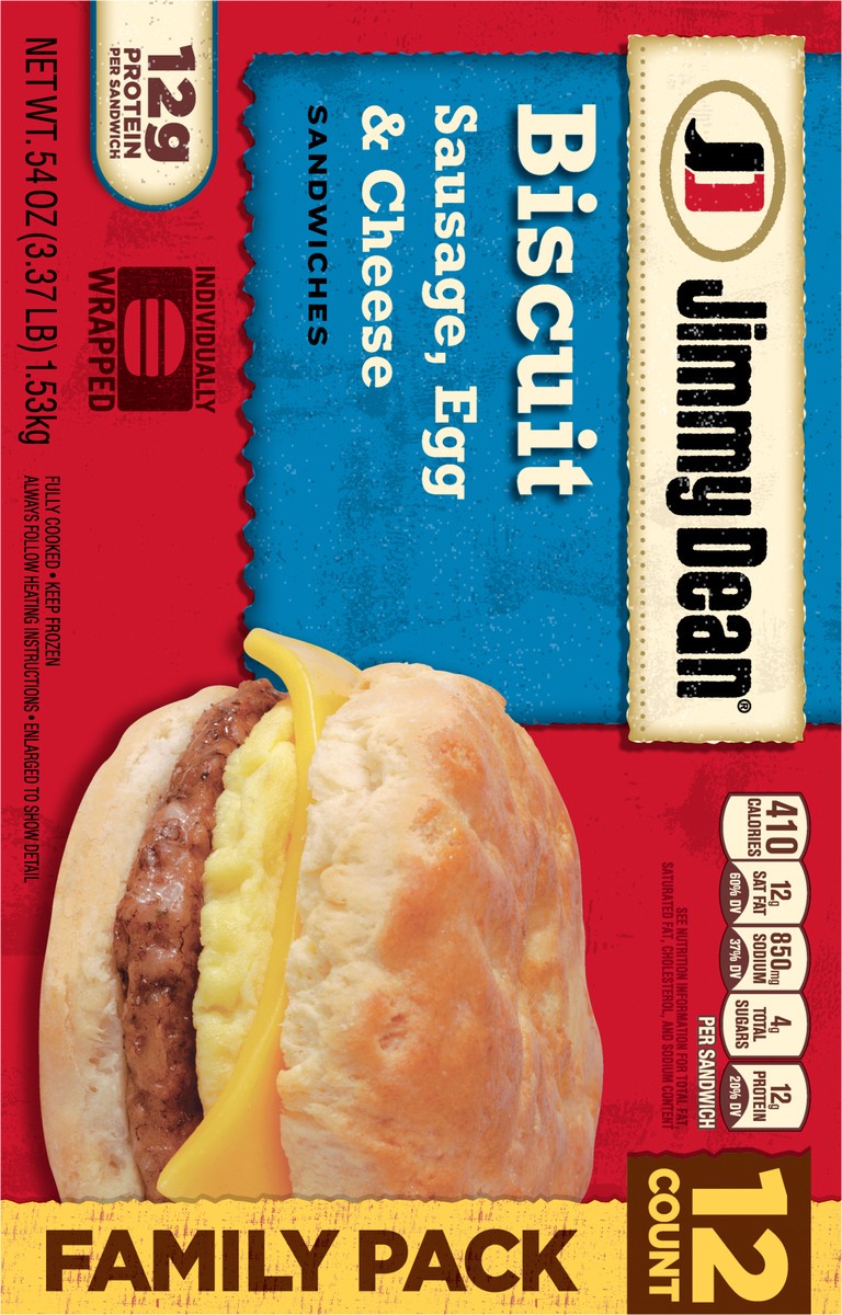 slide 5 of 9, Jimmy Dean Biscuit Breakfast Sandwiches with Sausage, Egg, and Cheese, Frozen, 12 Count, 1.53 kg