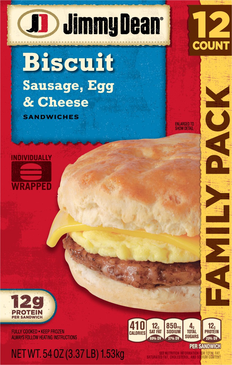 slide 2 of 9, Jimmy Dean Biscuit Breakfast Sandwiches with Sausage, Egg, and Cheese, Frozen, 12 Count, 1.53 kg