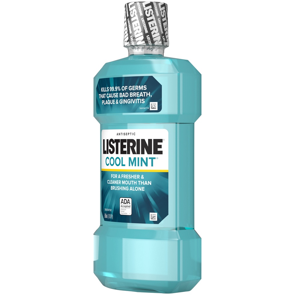 slide 3 of 6, Listerine Cool Mint Antiseptic Oral Care Mouthwash to Kill 99% of Germs that Cause Bad Breath, Plaque and Gingivitis, ADA-Accepted Mouthwash, Cool Mint Flavored Oral Rinse, 16.9 oz