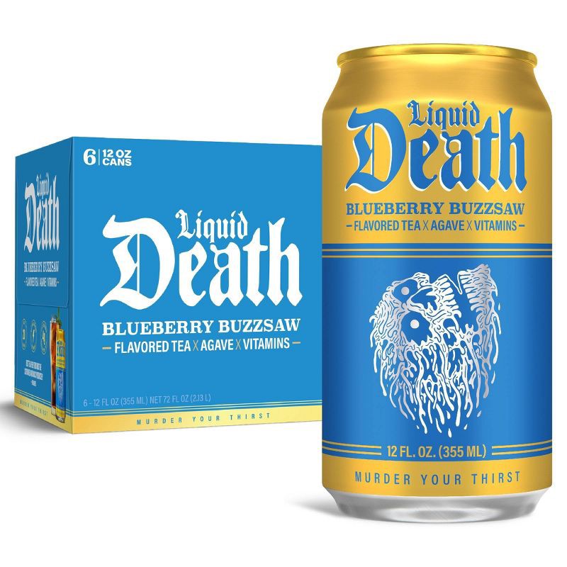 slide 1 of 7, Liquid Death Blueberry Buzzsaw Tea - 6pk/12 fl oz Cans, 6 ct; 12 fl oz