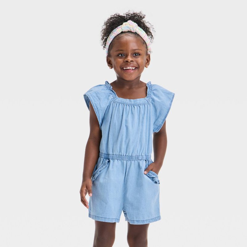 slide 1 of 3, Toddler Girls' Chambray Romper - Cat & Jack™ Blue 3T: Lightweight Denim, Elastic Straps, Crotch Snap, 1 ct