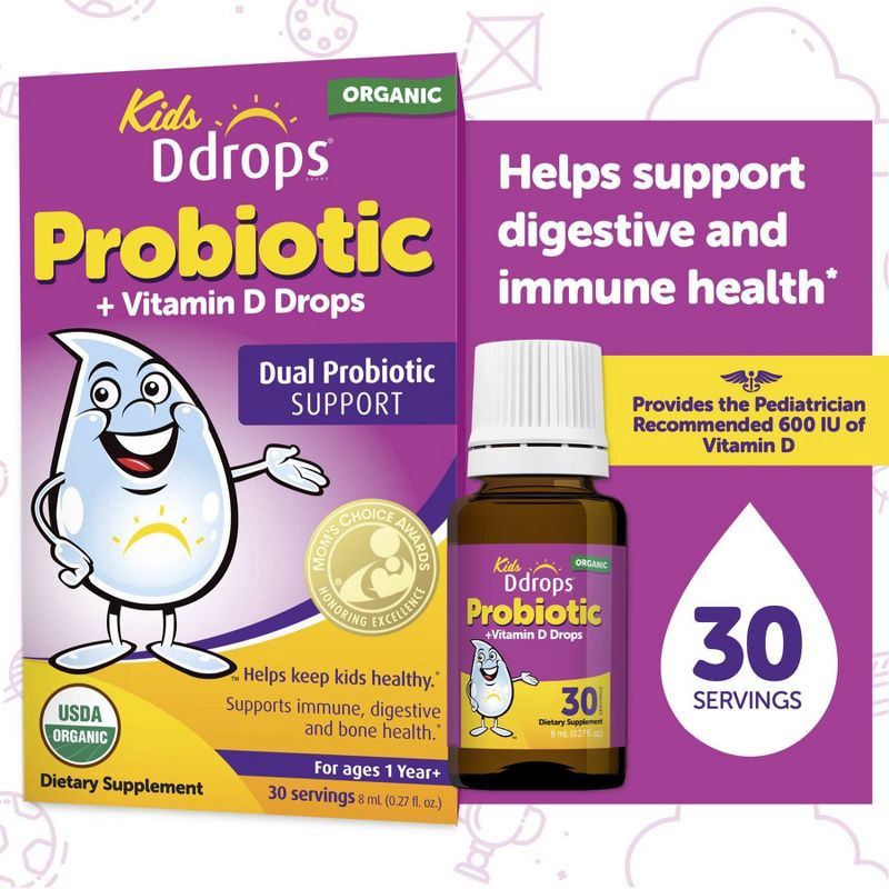 slide 2 of 8, Ddrops Kids' Probiotic Drops Vitamin D 600 IU for Digestive and Immune Health - 0.27 fl oz/30 Servings, 0.27 fl oz, 30 servings