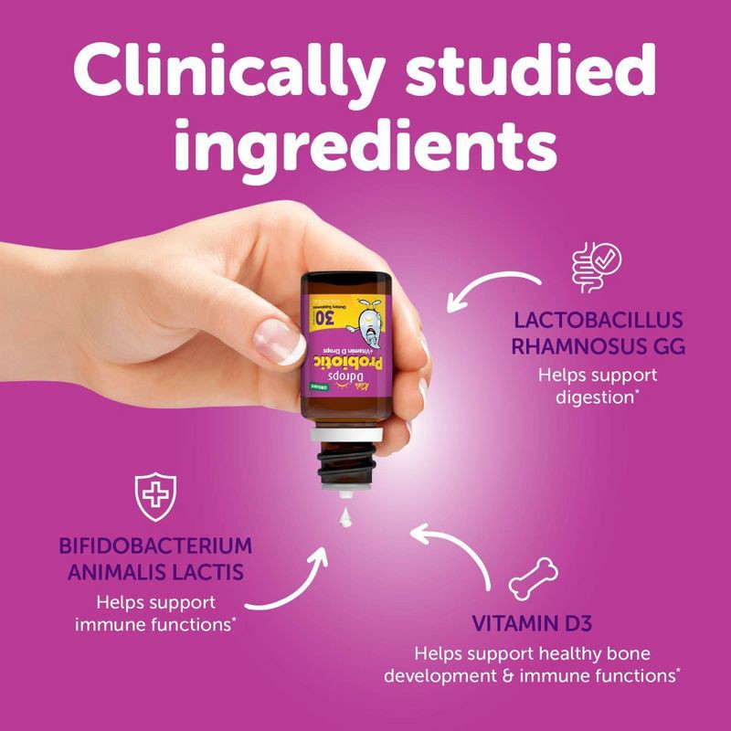 slide 4 of 8, Ddrops Kids' Probiotic Drops Vitamin D 600 IU for Digestive and Immune Health - 0.27 fl oz/30 Servings, 0.27 fl oz, 30 servings